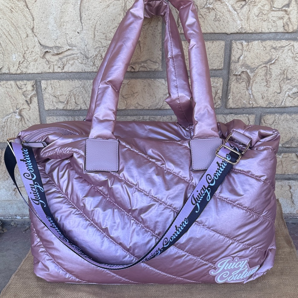 Juicy Couture Metallic Rose Quilted Tote Bag Snow Bunny Weekender Bag Luggage Lg - Picture 8 of 14